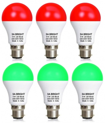 3A BRIGHT 9 Watt B22 Round Colour LED Bulb (Red, Green) Combo Pack of 6 Piece