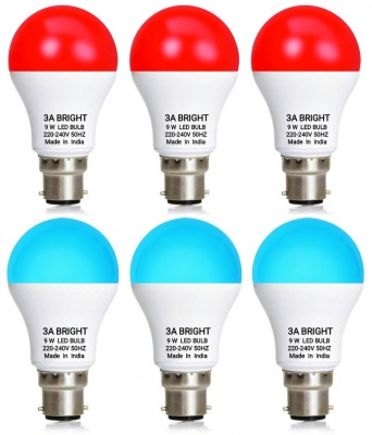 3A BRIGHT 9 Watt B22 Round Colour LED Bulb (Red, Blue) Combo Pack of 6 Piece